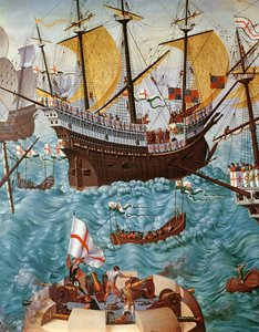 Ombordstigning av Henry VIII 1491-1547 ombord på Henry Grace a Dieu 1520, kopierad från en målning av Vincent Volpi olja på duk detalj från 148771