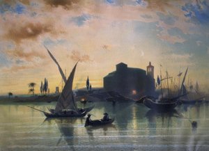 SPANIEN - UTSIKT ÖVER SEVILLA - EL GUADALQUIVIR - 1867 av Friedrich Eibner