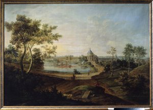 ""Utsikt över det kungliga palatset i Oranienbaum, nuvarande Lomonossov i Ryssland"" (Utsikt över det stora palatset i Oranienbaum) Byggt av arkitekten Antonio Rinaldi för kejsarinnan Katarina II den stora. Målning av Friedrich Hartmann Barisien (1724-1796 av Friedrich Hartmann Barisien