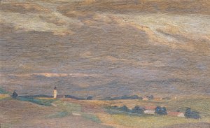 Kvällslandskap med kyrktorn av Friedrich Hasslwander