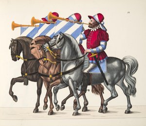 Tre musiker vid en turnering, skylt från A History of the Development and Customs of Chivalry, av Dr Franz Kottenkamp, utgiven av Carl Hoffmann, 1842 av Friedrich Martin von Reibisch
