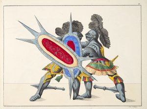 Två riddare i strid, platta från "A History of the Development and Customs of Chivalry", av Dr. Franz Kottenkamp, utgiven av Carl Hoffmann, 1842. av Friedrich Martin von Reibisch