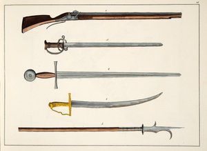 Vapen inklusive svärd och spjut, ca 1400, skylt från A History of the Development and Customs of Chivalry, av Dr Franz Kottenkamp, publicerad av Carl Hoffmann, 1842