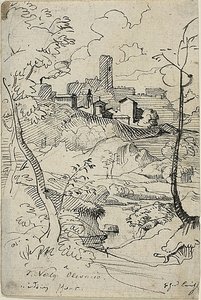 Italiensk stad med flod (recto); Vy över en stad (verso) av Friedrich Nerly