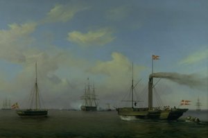 Den danska eskadern för ankar vid Warnemünde rhed. Deras Kungliga Högheter Kronprinsparet anländer med ångfartyget "Kiel" till skvadronen, och örlogsfartyget "Christian den åttonde" börjar salutera av Friedrich Theodore Kloss