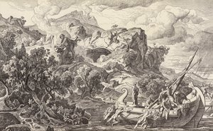 Odysseus lämnar cyklopernas ö (gravyr) av Friedrich the Elder Preller