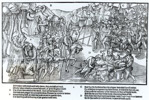 Den irländske hövdingen får prästens välsignelse innan han ger sig av för att slåss mot engelsmännen, som visas i full rustning, tavla 4 från "The Image of Ireland" av John Derricke, 1581. av Friedrich van Hulsen