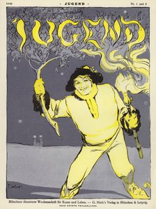 Man som håller en gren och en fackla (färg litho)