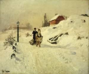 En hästdragen släde i ett vinterlandskap av Frits Thaulow