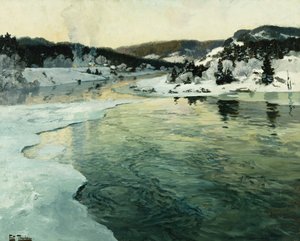 Vinter vid Mesnafloden nära Lillehammer, ca. 1905-06 av Frits Thaulow