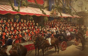 Kung Edward VII tilldelar rådmannen Edward B. James äran av riddarskapet i rådhuset den 9 juli 1908 av Fritz von Kamptz