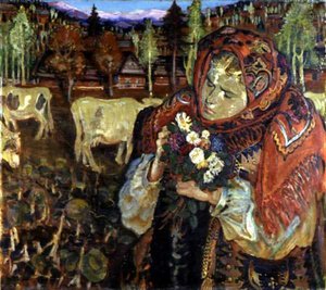 Ung flicka med blommor av Fryderyck Pautsch