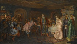 Kyssceremonin. Boyar Morozov, hans fru Yelena och prins Serebrenni av Fyodor Fyodorovich Buchholz