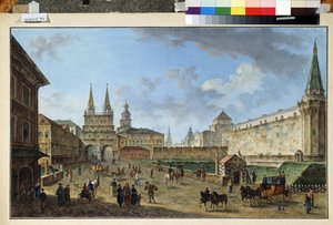 Moskva, utsikt över uppståndelsesporten vid Röda torget. Målning av Fjodor Yakovlevich Alexeev (1753-1824). Akvarell och gouache på papper, 58,2 x 91,2 cm, ca 1801. Rysk konst, klassicism. Museum av