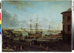 Vy över den engelska vallen från Vasilievsky island, Sankt Petersburg (Vy över den engelska vallen från Vasilievsky island). Målning av Fjodor Yakovlevich Alexeev (1753-1824). Olja på duk, 53 x 72,5 cm