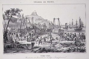 Återmontering av kanonbåtar på stranden i Tche-Fou, från "The War in China" av G.C. de Fortavion
