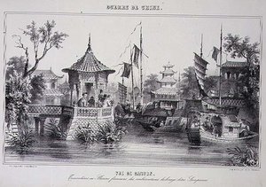 Utsikt över kantonen, som visar kvinnliga sjömän i sina sampans, från "The War in China" av G.C. de Fortavion