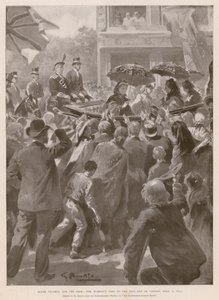 Drottning Victoria och de fattiga: Drottningen besöker Londons östra änd, 2 april 1873 (fotogravyr) av G.S. (after) Amato