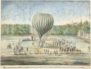 Lanseringen av Blanchards ballong i Haag 1785 av G. Carbentus (signed by artist)