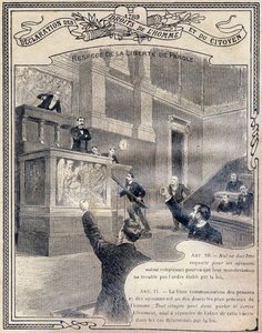 1789: Förklaring om människors och medborgares rättigheter: Respekt för yttrandefriheten. Gravure i "Den unika boken om etik och medborgerlig undervisning, avsedd för elever i de tre kurserna i grundskolan och de i grundklasserna på gymnasiet och av G. Dascher