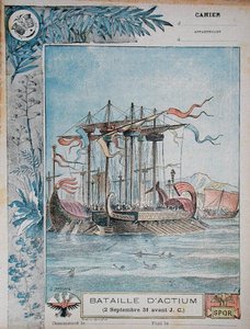 Omslag till skolövningsbok som illustrerar slaget vid Actium, 2 september 31 f.Kr., c.1900 (litho i färg)
