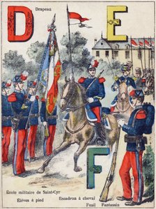 Bokstäver D E F: Flagga, Military School of Saint-Cyr (Saint Cyr), Eleves till fots, Horse Squadron, Rifle and Fantassin, c.1900 (litografi)