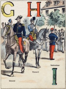 Tusi G H I: General, Hussard ma le Faiaoga. Tusia i le "Alphabet militaire", Grand-Bebe faasologa. togitogiga. Pont-a-Mousson ata. Louis Vagne, Lomitusi-Lomitusi, pe tusa o le 1900. Ata na tusia e G. Dascher. 20 itulau. Fufulu: 31,5x24,5cmswed av G. Dascher