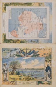 Karta över franska besittningar och inflytelsesfärer i Afrika och en vy över floden Senegal, omslag till en skolbok, slutet av 1800-talet (färggravyr)