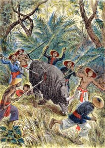 Jakt på noshörning, Franska Indokina, ca 1900 (illustration)