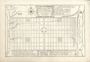 Den första planen för Philadelphia, utarbetad av William Penn och Thomas Holme 1682, 1684 av G. Drogenham
