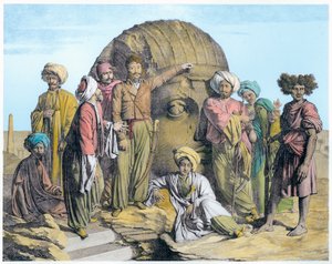 Arkeologen Bernardino Drovetti mäter ett kolossalt huvud i den egyptiska öknen, 1819 av G Engelmann