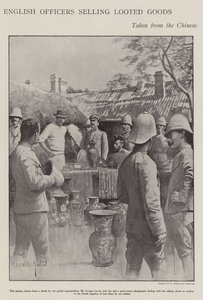 Engelska officerare som säljer plundrade varor tagna från kineserna under Boxer Rebellion (litho)
