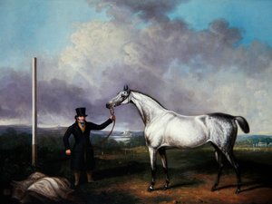 Gentleman som håller en grå kapplöpningshäst på en bana (olja på duk) av G. Jackson