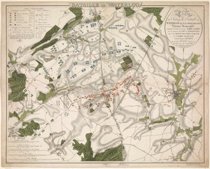 Karta av de Slag bij Waterloo, 1815 Battle of Waterloo / Plan av Battlefield of Waterloo kallad Belle-Alliance. Minnesvärd seger vann den 18 juni 1815 av de allierade arméerna (...) (titel på objekt) av G. Jacowick