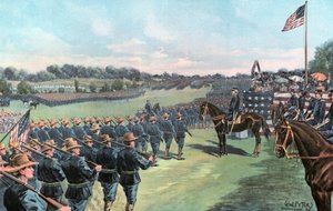 President McKinley granskar USA:s volontärer vid Camp Alger av G. W. Peters