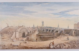 London Bridge gammal och ny, London, 1828