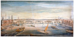 Utsikt över den nya London Bridge från väster, med båtar och pråmar på Themsen, 1831.