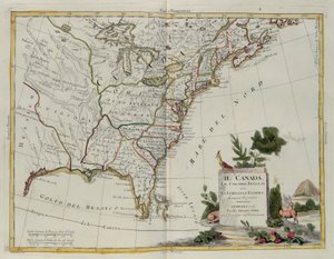 Kanada, de engelska kolonierna med Louisiana och Florida, gravyr av G. Zuliani hämtad från Tome I of the Newest Atlas publicerad i Venedig 1778 av Antonio Zatta, Privat samling av G. Zuliani