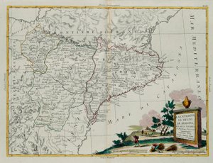 Katalonien, kungadömena Aragon och Alta Navarra, gravyr av G. Zuliani hämtad från Tome I of the Newest Atlas publicerad i Venedig 1775 av Antonio Zatta, Privat samling