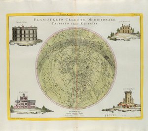 Kosmografisk platta av den södra himmelska planisfären skuren vid ekvatorn, gravyr av G. Zuliani hämtad från Tome I of the Newest Atlas publicerad i Venedig 1777 av Antonio Zatta av G. Zuliani