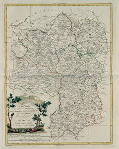 Styrning av Berri, Nivernois, Marche, Bourbon och Auvergne, gravyr av G. Zuliani hämtad från Tome I av den nyaste atlasen publicerad i Venedig 1776 av Antonio Zatta, Privat samling av G. Zuliani