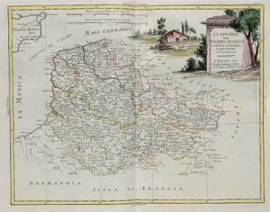 Styrning av franska Flandern, Artois, Picardie och Boulonois, gravyr av G. Zuliani hämtad från Tome I av den nyaste atlasen publicerad i Venedig 1776 av Antonio Zatta, Privat samling