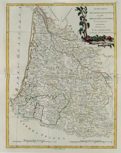 Styrningen av Guyenne och Gascogne med den i Bearn och Nedre Navarra, gravyr av G. Zuliani hämtad från Tome I of the Newest Atlas publicerad i Venedig 1776 av Antonio Zatta, Privat samling av G. Zuliani