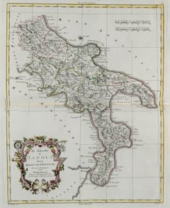 Konungariket Neapel uppdelat i dess provinser, gravyr av G. Zuliani hämtad från Tome II av "Nyaste Atlas" publicerad i Venedig 1781 av Antonio Zatta, Privat samling av G. Zuliani