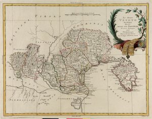 Landområde i staten Veneto, uppdelat i dess provinser, gravyr av G. Zuliani hämtad från Tome II av "Nyaste Atlas" publicerad i Venedig 1782 av Antonio Zatta, Privat samling av G. Zuliani