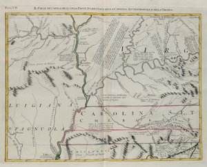 Cherokees land med den västra delen av North Carolina och Virginia, gravyr av G. Zuliani hämtad från Tome I av "Newest Atlas" publicerad i Venedig 1778 av Antonio Zatta, Privat samling av G. Zuliani