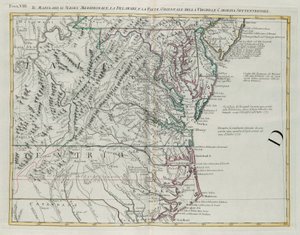 Maryland, södra New Jersey, Delaware och den östra delen av Virginia och North Carolina, gravyr av G. Zuliani hämtad från Tome I av "Newest Atlas" publicerad i Venedig 1778 av Antonio Zatta, Privat samling av G. Zuliani