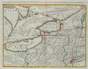 Pennsylvania, New York, södra New Jersey, med den västra delen av Connecticut, Massachusetts Bay och Land of the Iroquois, gravyr av G. Zuliani hämtad från Tome I av "Newest Atlas" publicerad i Venedig 1778 av Antonio Zatta, Privat samling av G. Zuliani