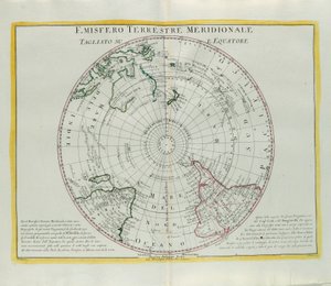 Jordens södra halvklot skuren vid ekvatorn, gravyr av G. Zuliani hämtad från Tome I of the Newest Atlas publicerad i Venedig 1779 av Antonio Zatta