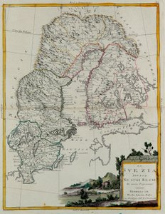 Sverige delat i sina kungadömen, gravyr av G. Zuliani hämtad från Tome III av "Nyaste Atlas" publicerad i Venedig 1781 av Antonio Zatta, Privat samling av G. Zuliani